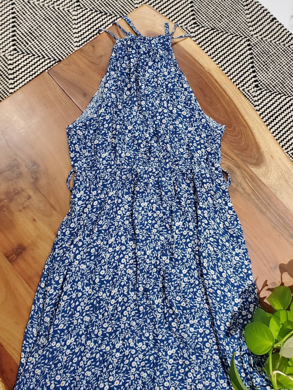 Blue White Pleated Halter Maxi Dress